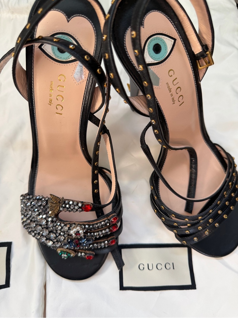 Gucci Black Studded Strappy Heels with Multicolor Jewel Accents